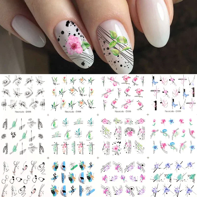 12Designs Spring Theme Geometric Flower Leaves Nail Stickers Set Face Image Butterfly Fruit Decals Sliders Manicures Decoration