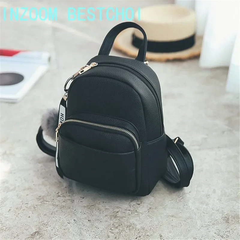 PU Leather Mini Backpacks Students Fuzzy Ball Pendant Shoulder Schoolbags Female Soft Women Fashion Small Travel Bags Back Pack