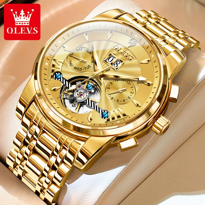 

OLEVS 9965, горячая распродажа, мужские часы, оригинальные многофункциональные автоматические механические часы из нержавеющей стали с полым маховиком для мужчин