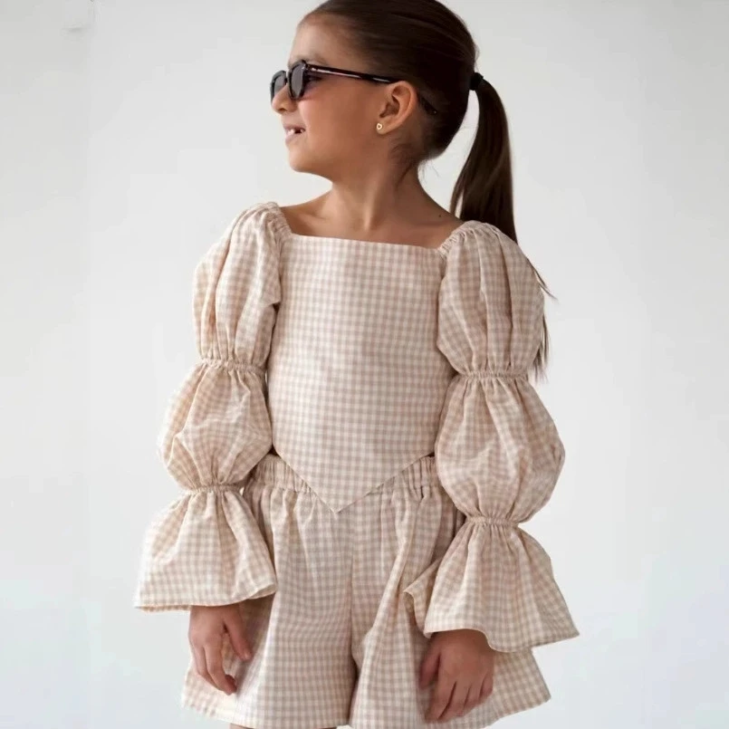 2025 Russian Spring and Autumn French Plaid Irregular Lace Up Top Casual Shorts Children Two-piece Set