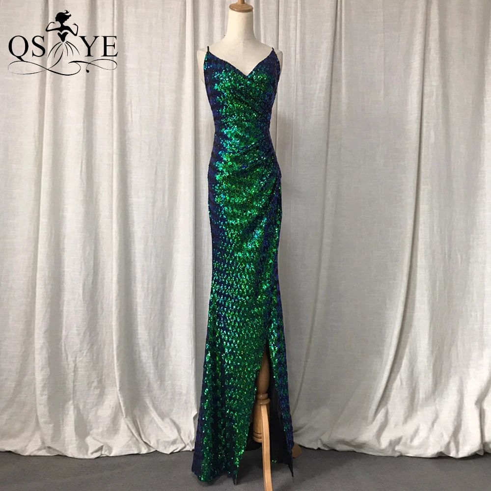 

Glitter Green Prom Dresses Sequin V neck Princess Party Gowns Ruched Spaghetti Straps Sparkle Sexy Split Emerald Evening Dress