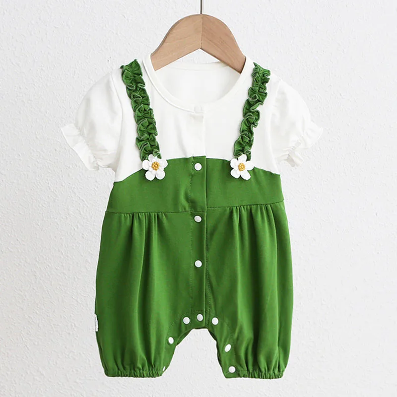 Summer Baby Girls Rompers Bodysuit Infant Baby Girls Short Sleeves Jumpsuit Green Infant Girls Sweet Rompers One Piece Clothes