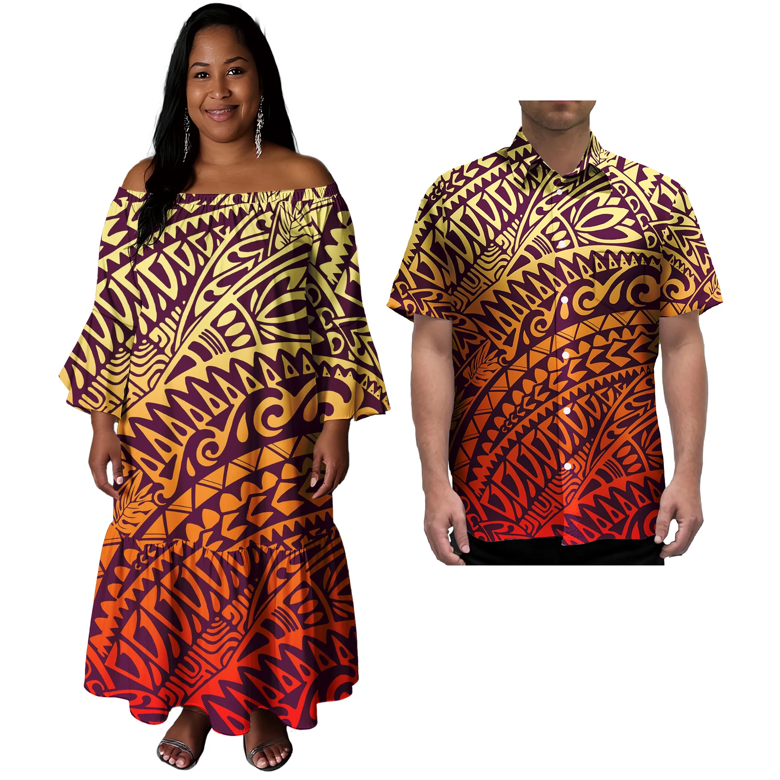 เกาะคู่เสื้อผ้า 2 ชิ้น Custom ซามัวตองกา Polynesian Tribal ผู้หญิงปิดไหล่ Mermaid Prom Dresses Match Aloha ชายเสื้อ