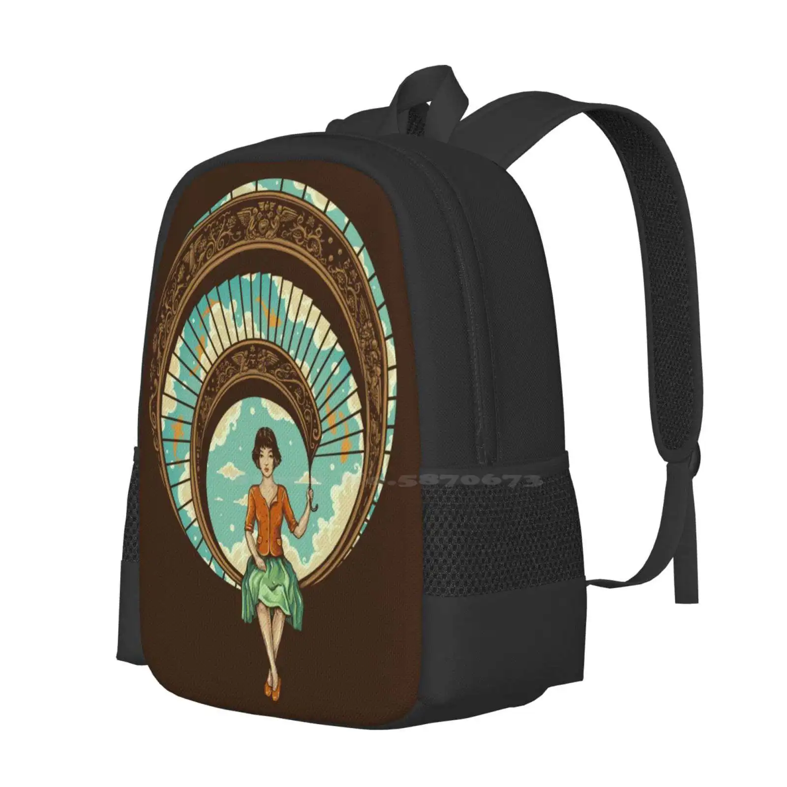 Welcome To My World Teen College Student Backpack Pattern Design Bags Girl Stairs Fish Clouds Spiral Surreal