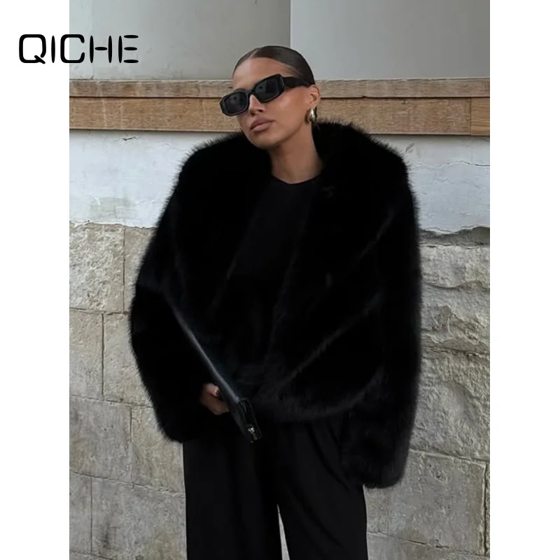 QICHE 2026 Winter Outerwear, Ladies Shawl Collar Mid Length Faux Fox Fur Coat Thick Artificial Fur Overcoat