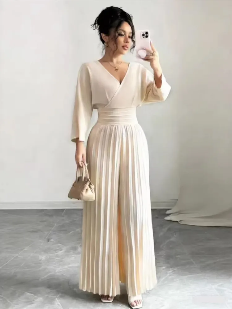 

Women Spring Sexy Deep V-neck High-waisted Pleated Jumpsuit Fashion Solid Backless Slim Elegant Office Lady Wide-leg Jumpsuits