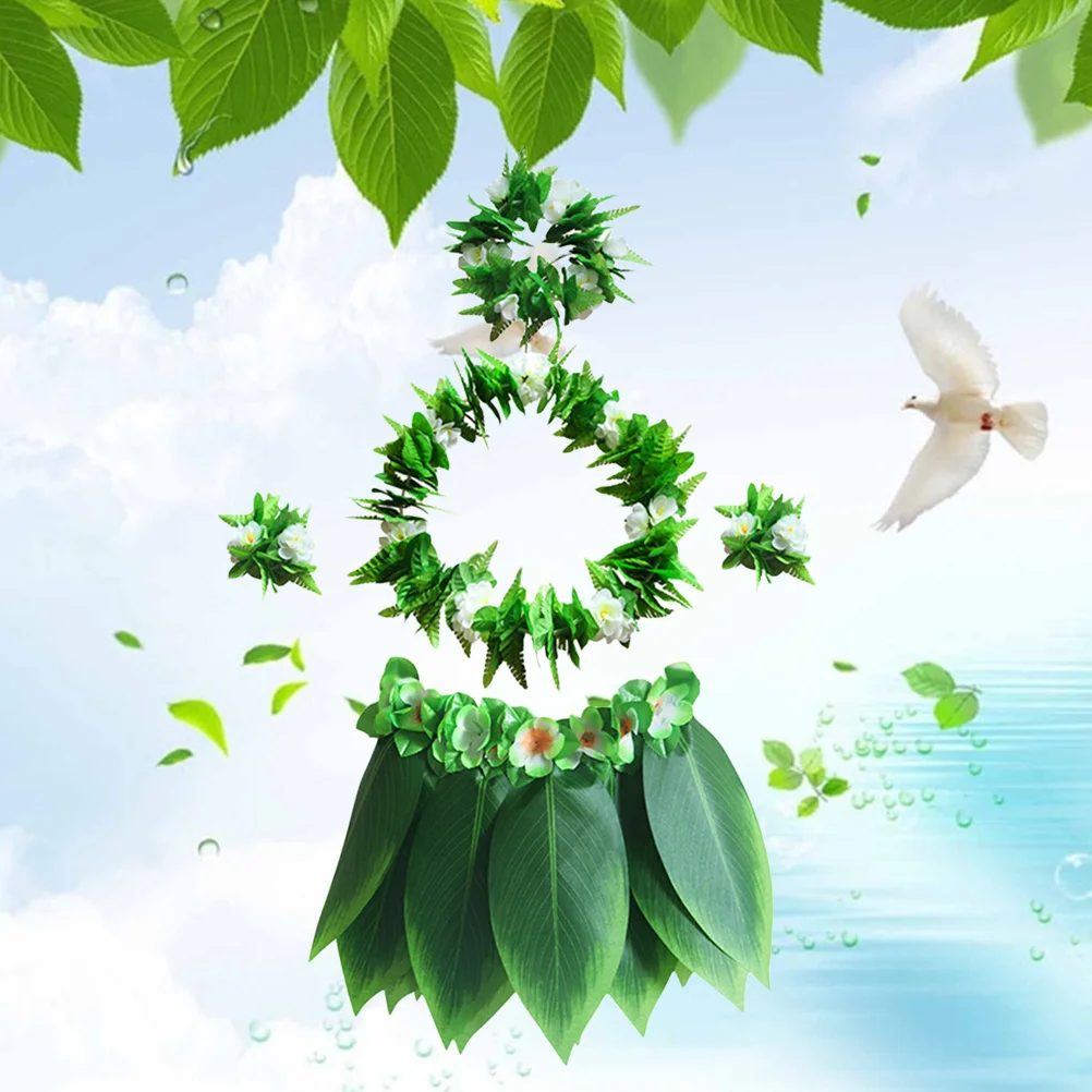 

5pcs Hawaiian Leaf Skirt Set Green Grass Hula Costume Necklace Bracelets Headband For Luau Party Beach Tropical
