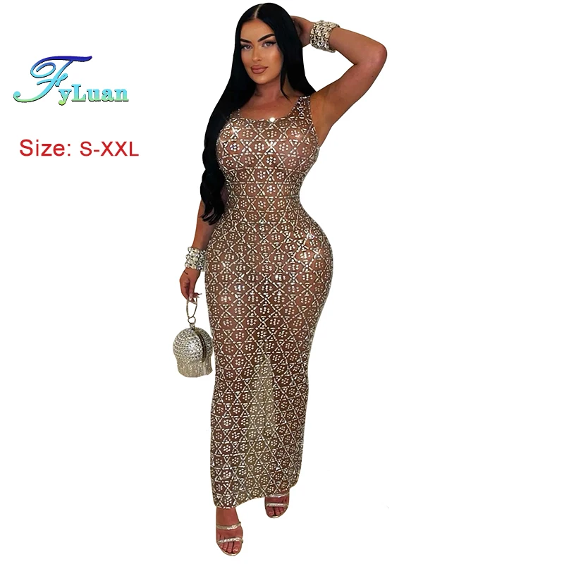 Sleeveless Shiny Round Neckbodycon Dress for Women Rear Slit Short Sleeve Long Dress for Wedding And Party Female Vestidos Para