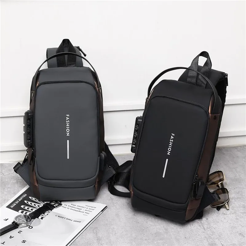 Waterproof Casual Chest Bag Men Multifunction Anti-theft USB Charging Men Crossbody Bag Patent Leather Travel Chest Bag Pack Mal