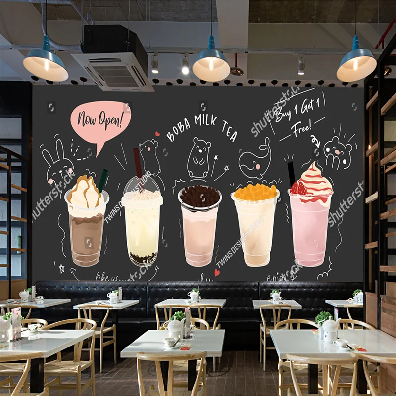 

Custom Size Wallpaper Afternoon Tea Bubble Tea Shop Background Murals Industrial Decor Self-adhesive Wall Papers Papel De Parede