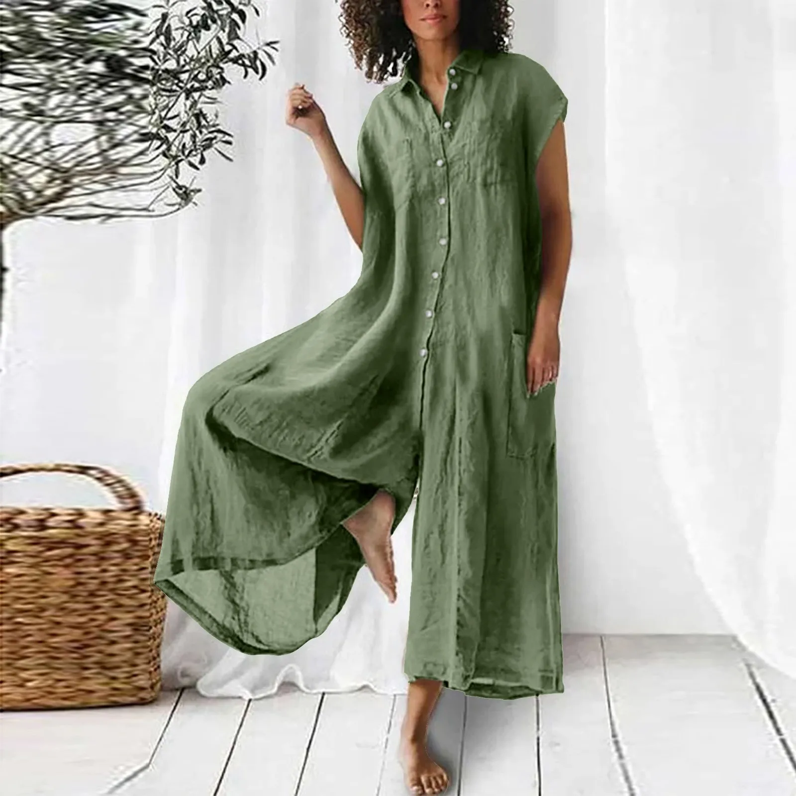 Retro Cotton Linen Shirt Jumpsuit Rompers Solid Spring Summer 2023 Lapel Button Loose Overalls Casual Vintage Wide Leg Jumpsuit