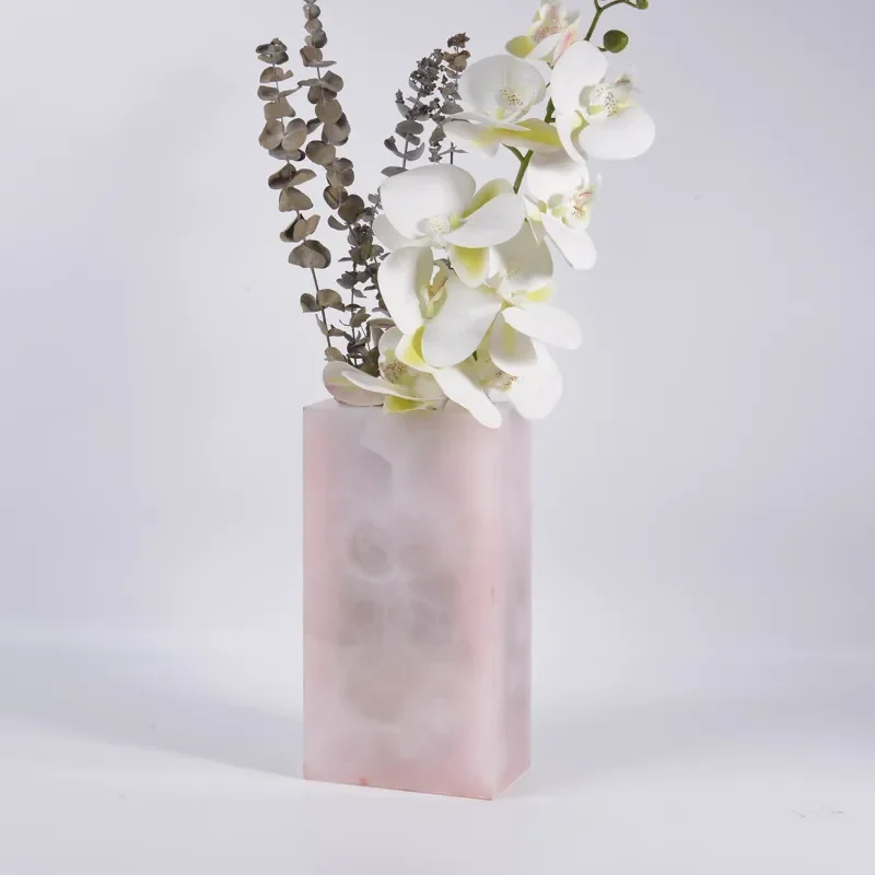 Natural Powder Jade Square Vase Luxury Home Decor Flower Arrangement Desktop Ornament Handicraft for Hotel Living Room