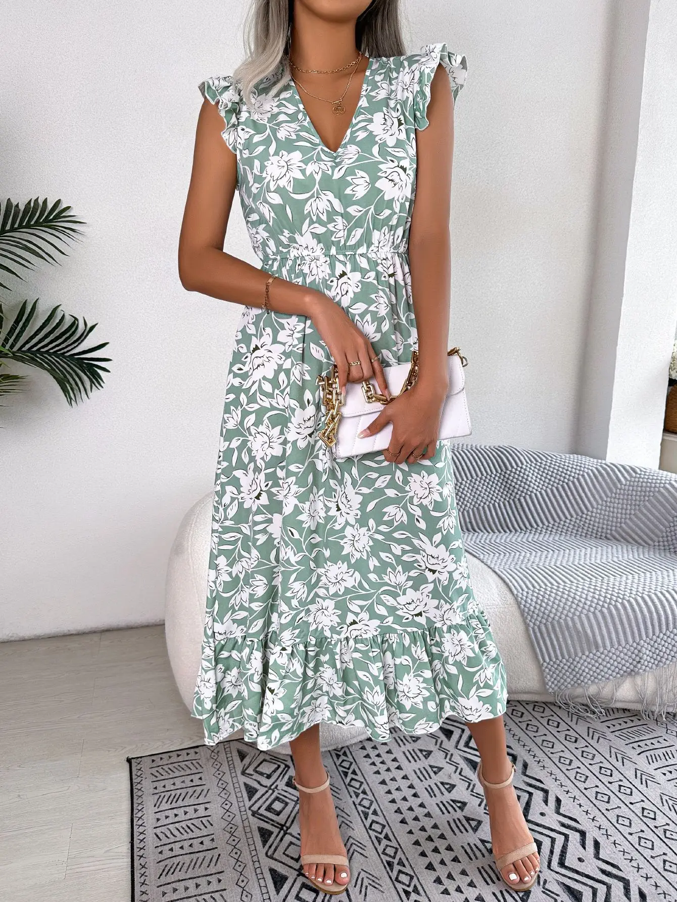 Dresses For Women Summer Print V Neck Sleeveless Dress A Line Beach Midi Dress Robe Female Robe Fashion Ladies Clothes Vestido