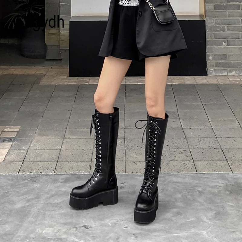 Gdgydh Trendy Cool Autumn Winter Motorcycle Boots Women Footwear Grunge Shoes Chunky Heels Metal Chain Gothmakeup Thick Bottom