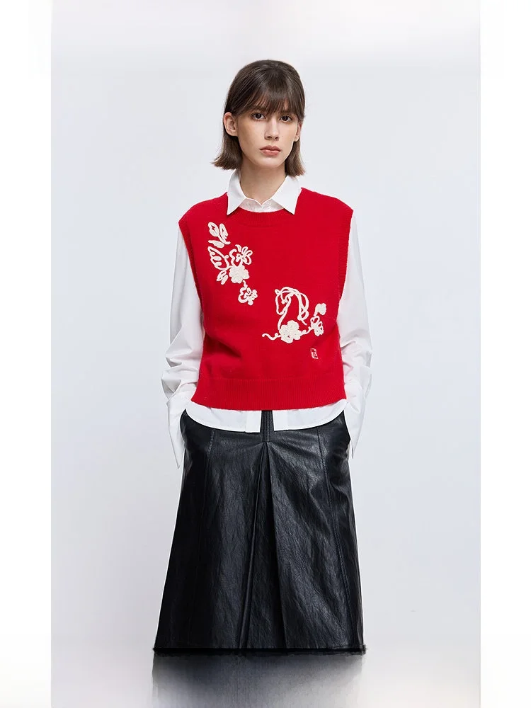 

LILY Winter New Sle Women's Wool Blend Knitted Sweater Red round Ne Svel Embroidered 3D Design Casual Soft Nylon