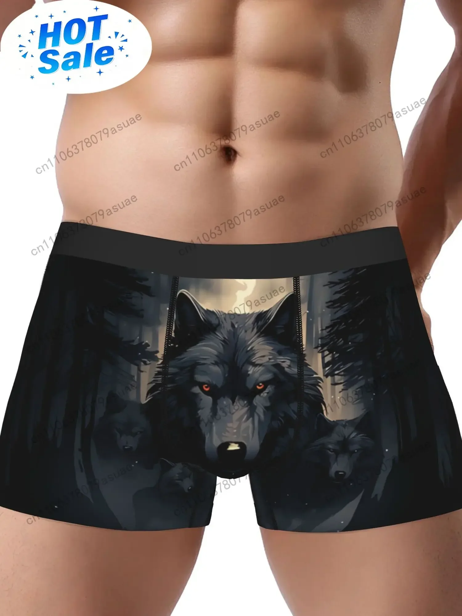 Men'S Wild Wolf Graphic Boxer Briefs - Black with Red White Wolf Design Stretch Fabric Comfort Fit for Casual Wear Black