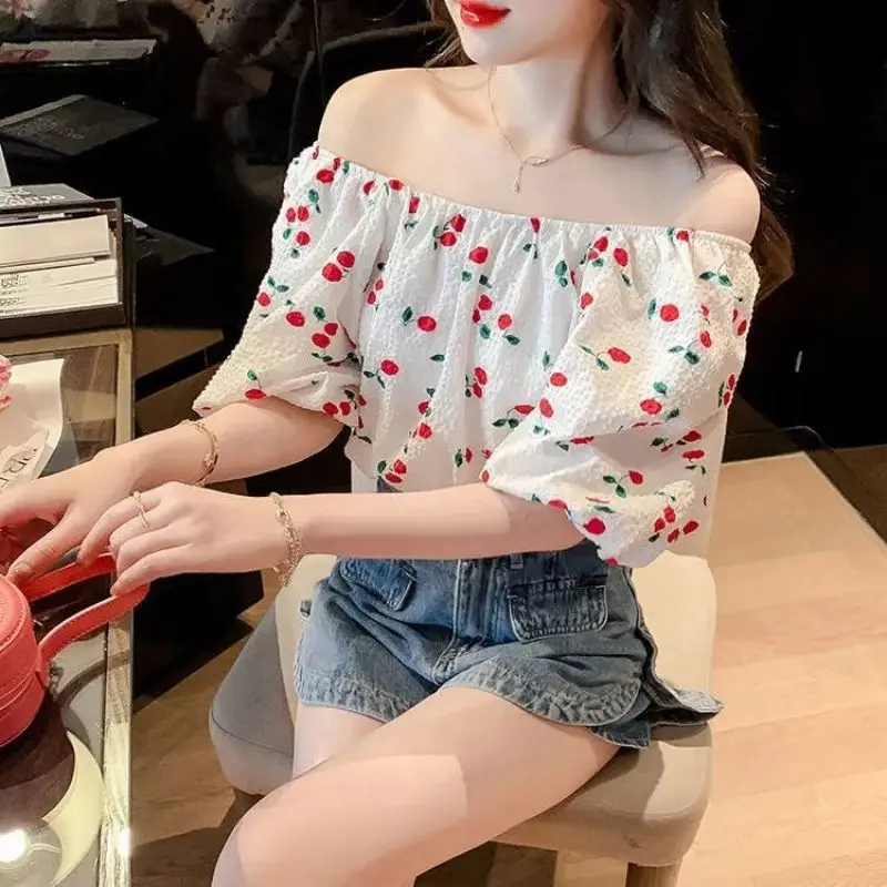 Women Summer Fashion Loose Sweet Cute Floral Slash Neck Short Sleeve Chiffon Shirts Women Clothes Casual All-match Trend Top Tee