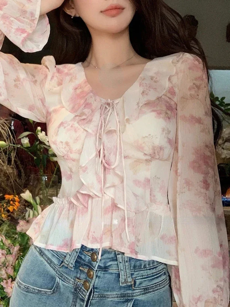 

Vintage Chiffon Print Elegant Blouse with Flare Sleeve Women Fairy Sweet Design Perfect for France Fashionausal Tops in Summer