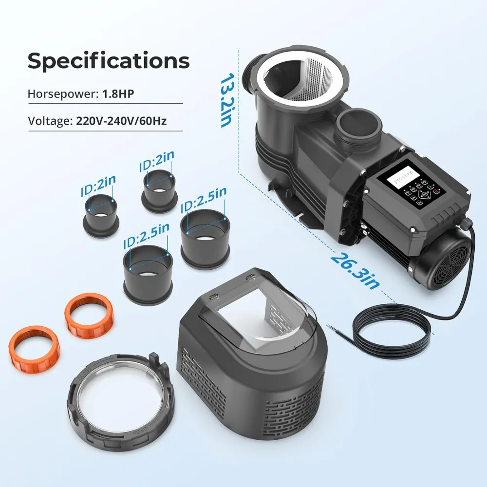1 وحدة مضخة حمام سباحة متغيرة السرعة 1.8 حصان - 220 فولت - 240 فولت، 9114 GPH، فتيلة ذاتية، سلة فلتر - لحمامات السباحة الداخلية/فوق الأرض، والمنتجعات الصحية