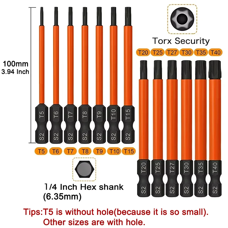 13Pcs 100mm Torx Bit Set Security Torx Star Bits 1/4 Inch Hex Shank Tamper Resistant Screwdriver Bit with Magnetic Tip