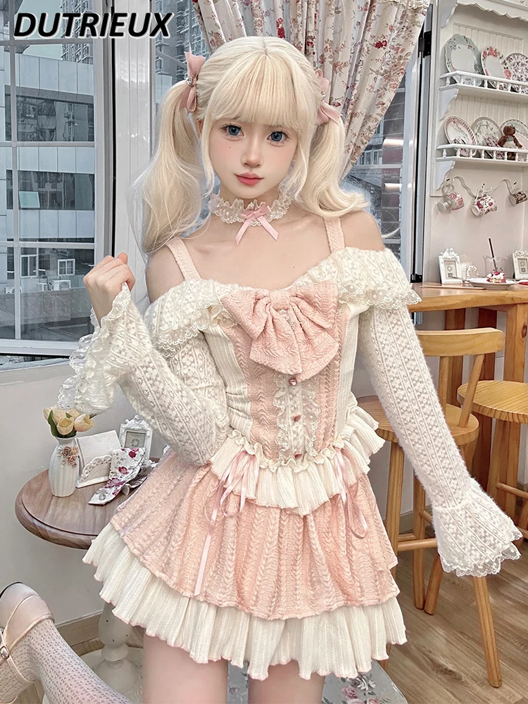 Spring Autumn Women's Two Piece Sets Lolita Style Long Sleeve Top and Skirt Set Sweet Cute Hot Girl Princess Elegant Outfit