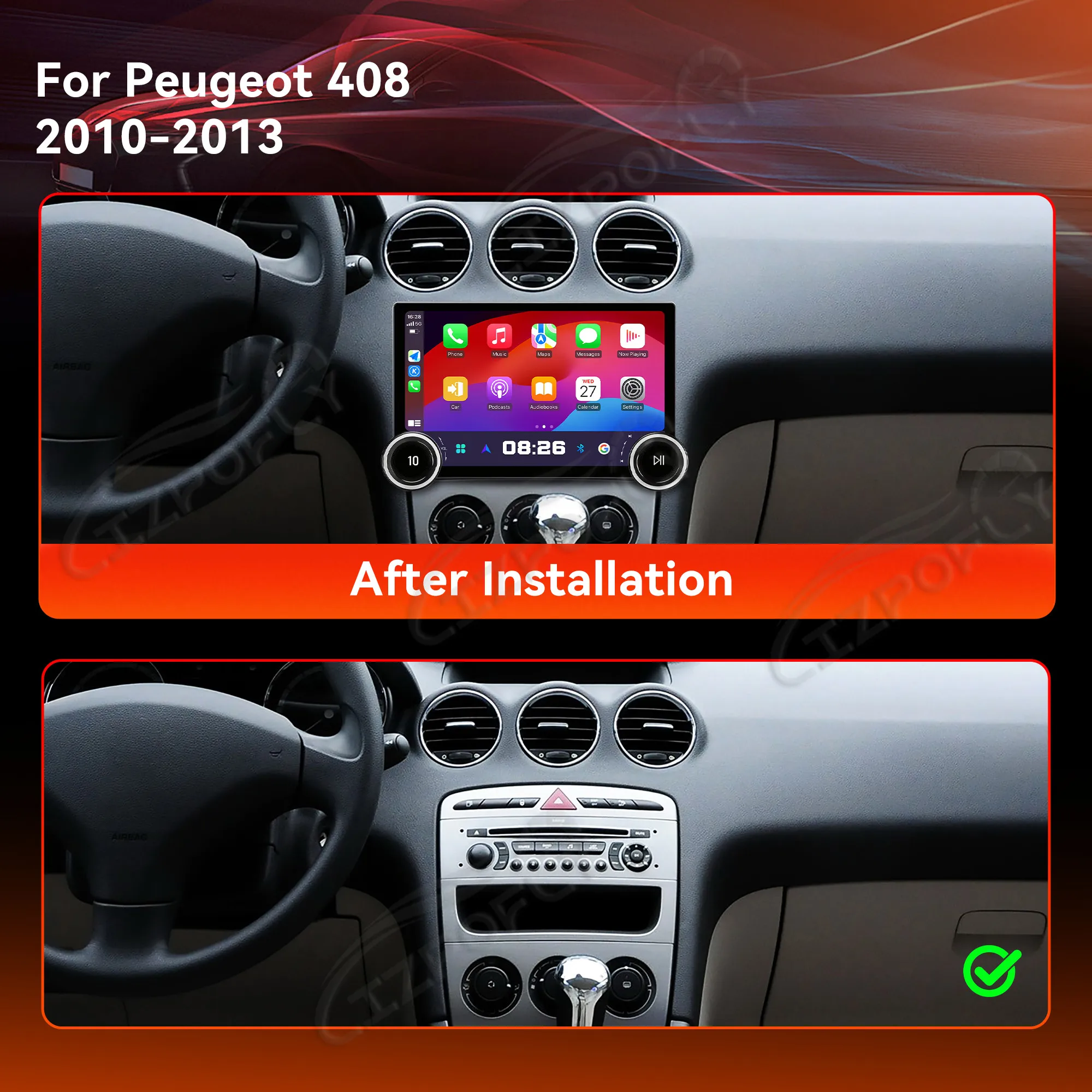 Lizpofly CarPlay 11.5 Inch Android 15 HD Touch Screen GPS Navigation DSP Radio Audio Stereo For Peugeot 408 2010-2013 Head Unit