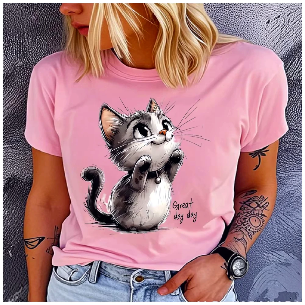 Women Summer Top Great Day Day Hand-drawn Style Cat Graphic Print Loose O-Neck Short Sleeve Trendy Women High Qaulity Fabric Tee
