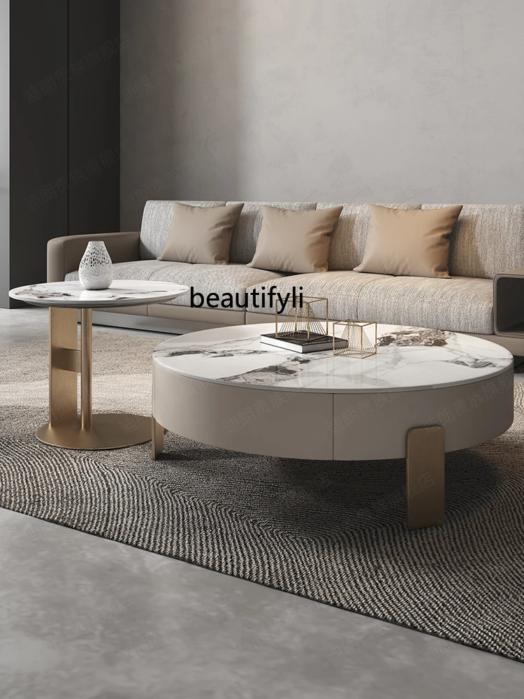 round Stone Plate Coffee Table New Light Luxury Small Apartment Living Room Home Designer Characteristic High Leg