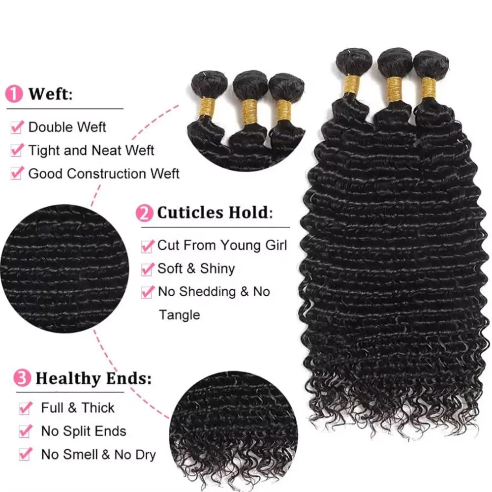 Deep Wave Bundles Human Hair 1/3/4 Natural Black deep Wave Human Hair Bundles Brazilian Hair Weave Bundles Extensions Natural