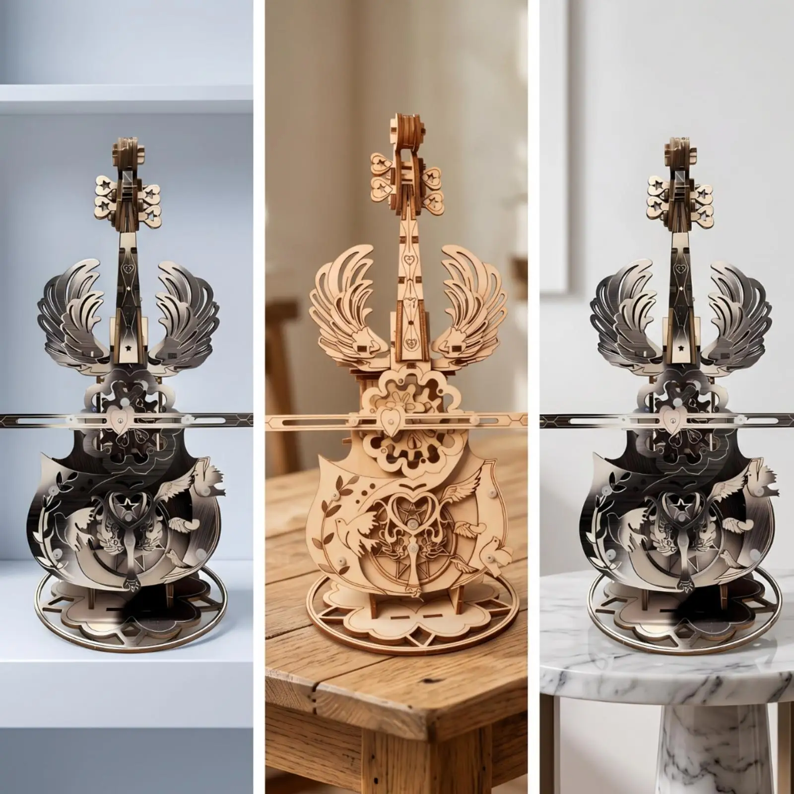 Violin Music Box Ornament | Freestanding Circular Base, Detailed Layered Silhouette, for Shelf