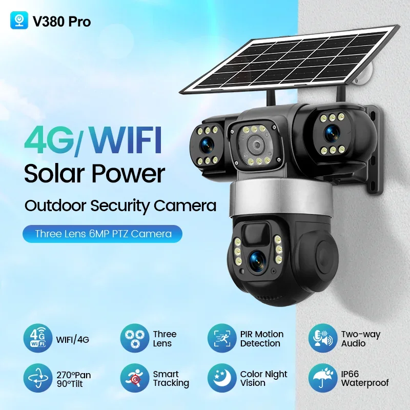 2026 High Quality 6MP 4G Solar CCTV Camera With Three Lens Colorful Night Vision Long 8000mAh Battery Life PTZ Surveillance Came