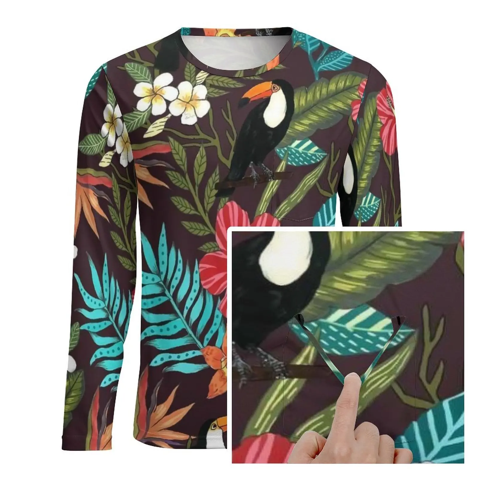 Colorful Flower Print T Shirt Men Tropical Floral Bird Leaf Y2K T Shirts Spring Cool Tees Long Sleeve Custom Big Size Clothing