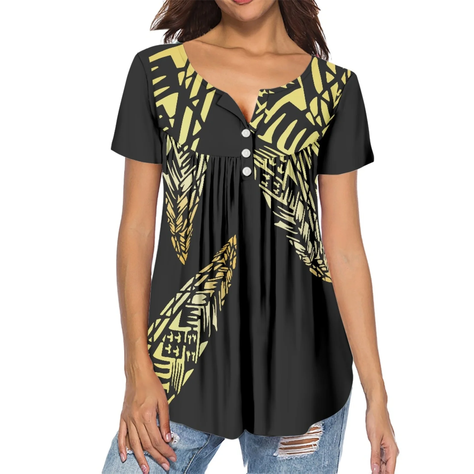 Wholesale Prices Fashion T-shirt Polynesian Tribal Samoan Fijian Tapa Flower Print Custom T-shirt Short Sleeve Ladies Sexy Shirt