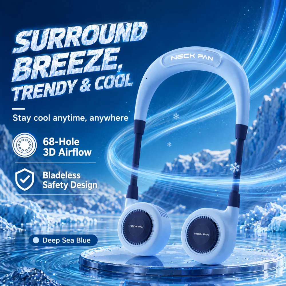 Portable Halter Neck Air Cooling Fan Lightweight Type-C Rechargeable Mini Outdoor Travel Sport Wearable 3 Gear Hanging Neck Fan
