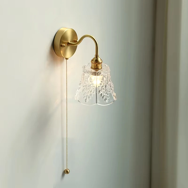Pull Chain Switch Bedroom Home Lighting Nordic Copper Wall Lamp Sconce Luminaria Modern Glass LED Lights Bathroom bedside Light