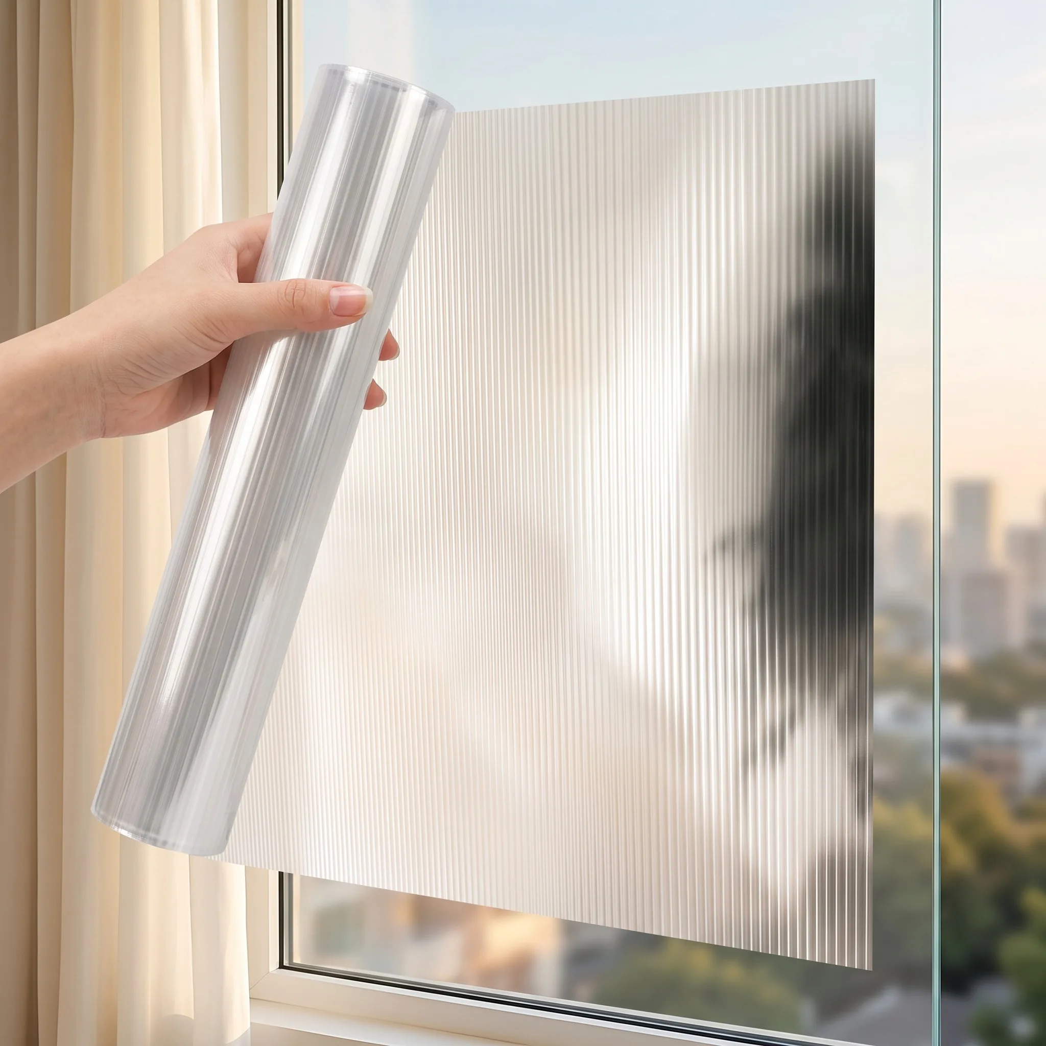 Static Cling Reeded Fluted Glass Window Film, Vertical Stripe Frosted Privacy Decorative Sticker, No Glue for Bathroom Bedroom L