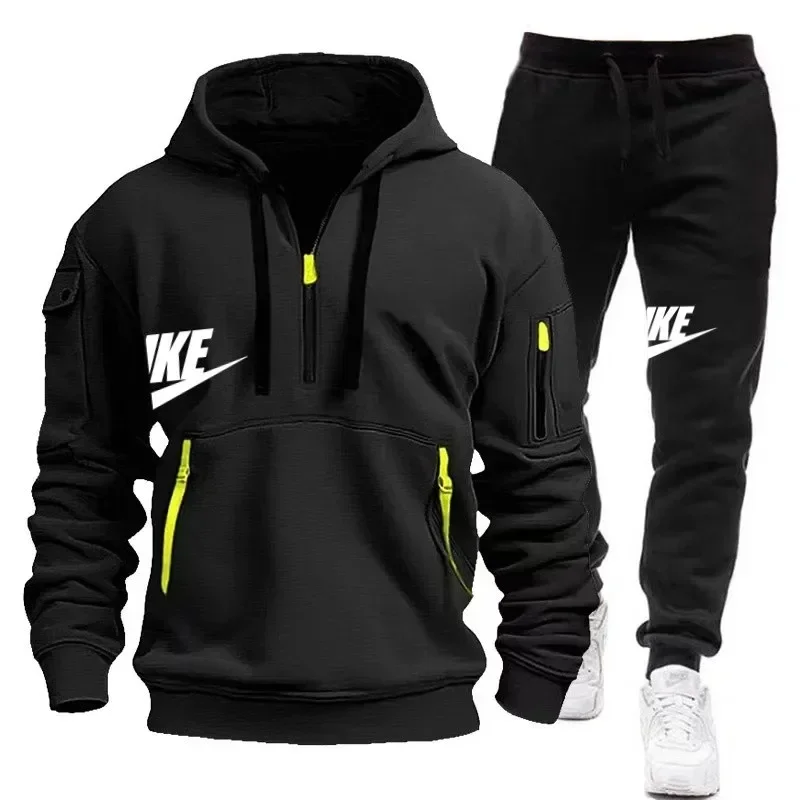 2024 new autumn and winter men's sports hoodie best-selling fashion outdoor jogging hooded multi-pocket zipper hoodie + trousers