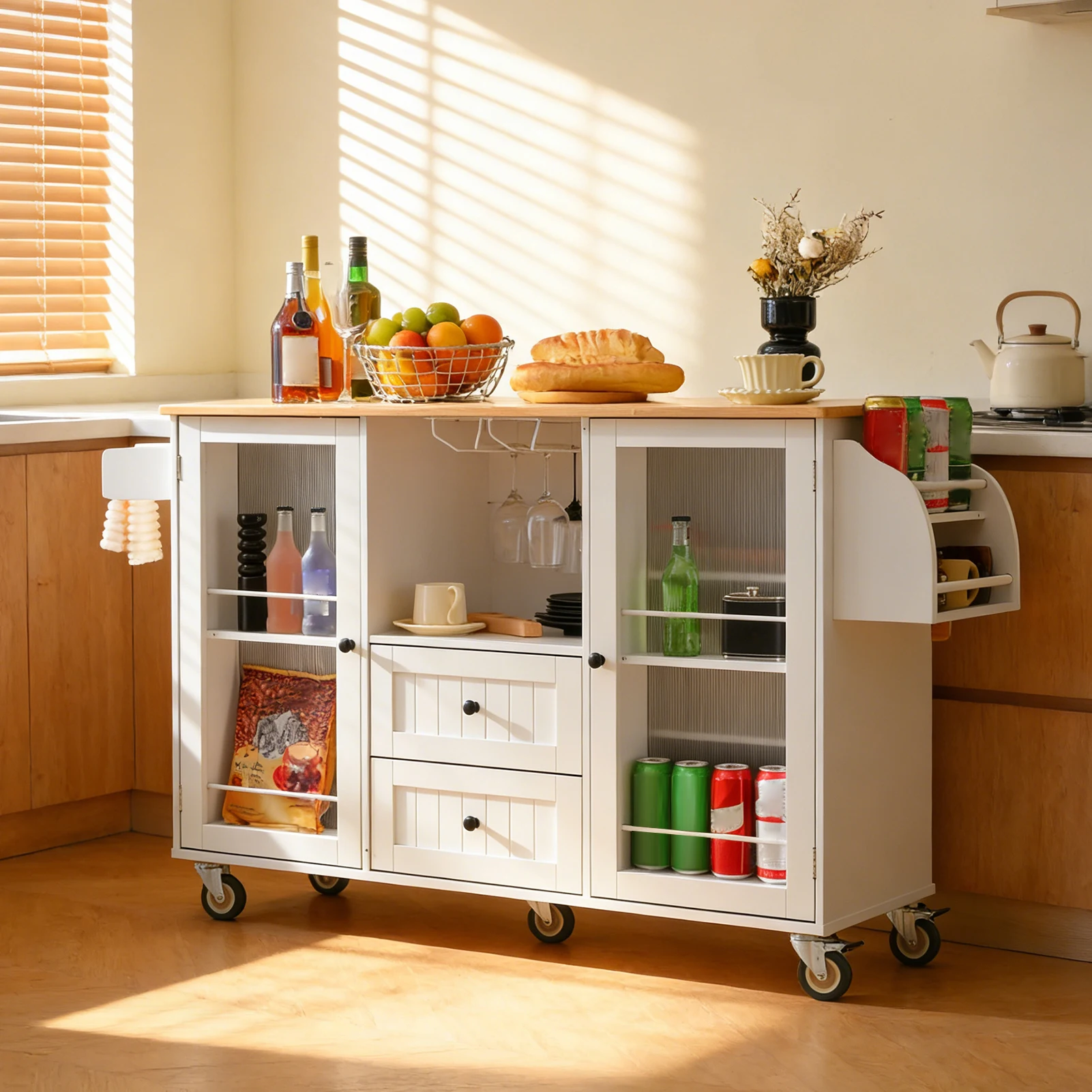 Kitchen Island Cart Rolling On Wheels with 13 Storage Areas Drop Leaf Bar Countertop Side Open Condiment Rack Tower Rack Extra