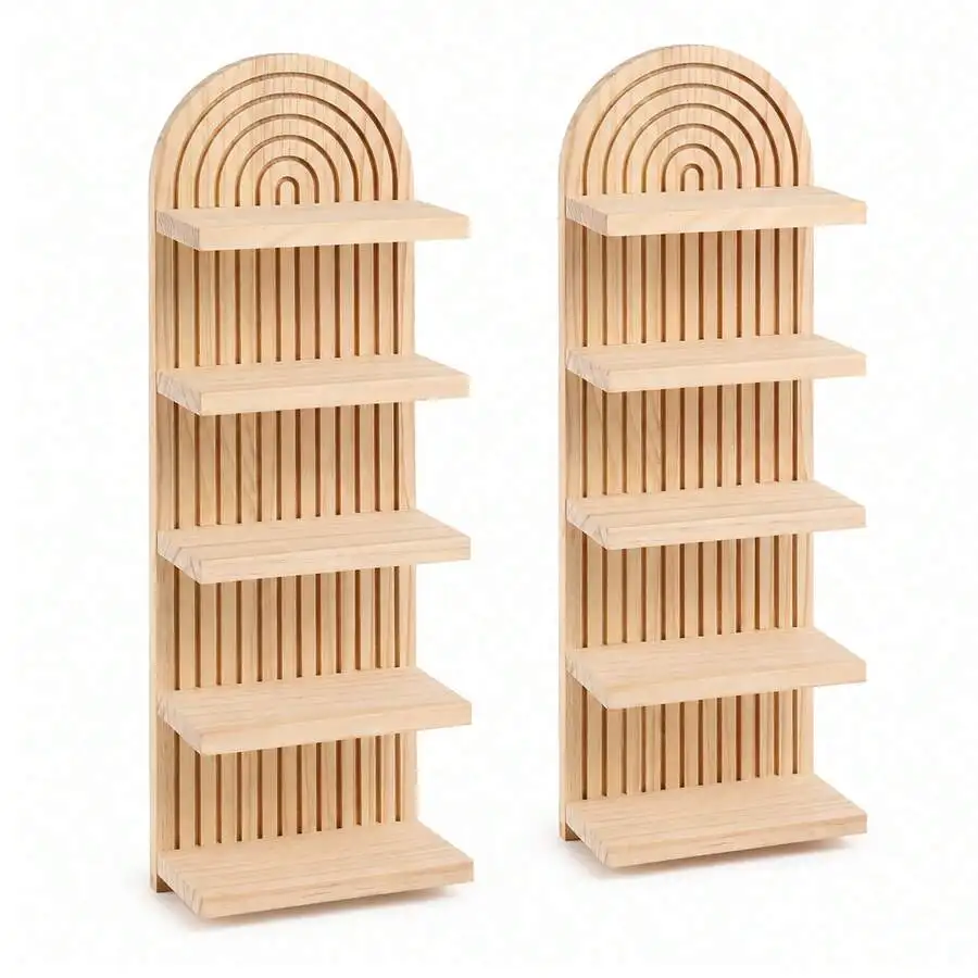 2Pcs Boho Arch‑Top Wooden Wall‑Mounted Shelves, 5‑Tier Display Storage Rack, Bohemian Decor Organizer, For Bedroom/Living Room/Figure Collection
