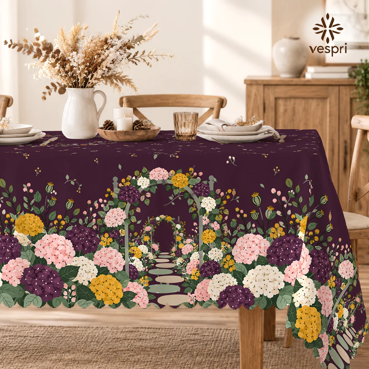 Floral Tablecloth with Irises & Hydrangeas for Indoor/Outdoor Camping decor, Rectangular/Round/Oval
