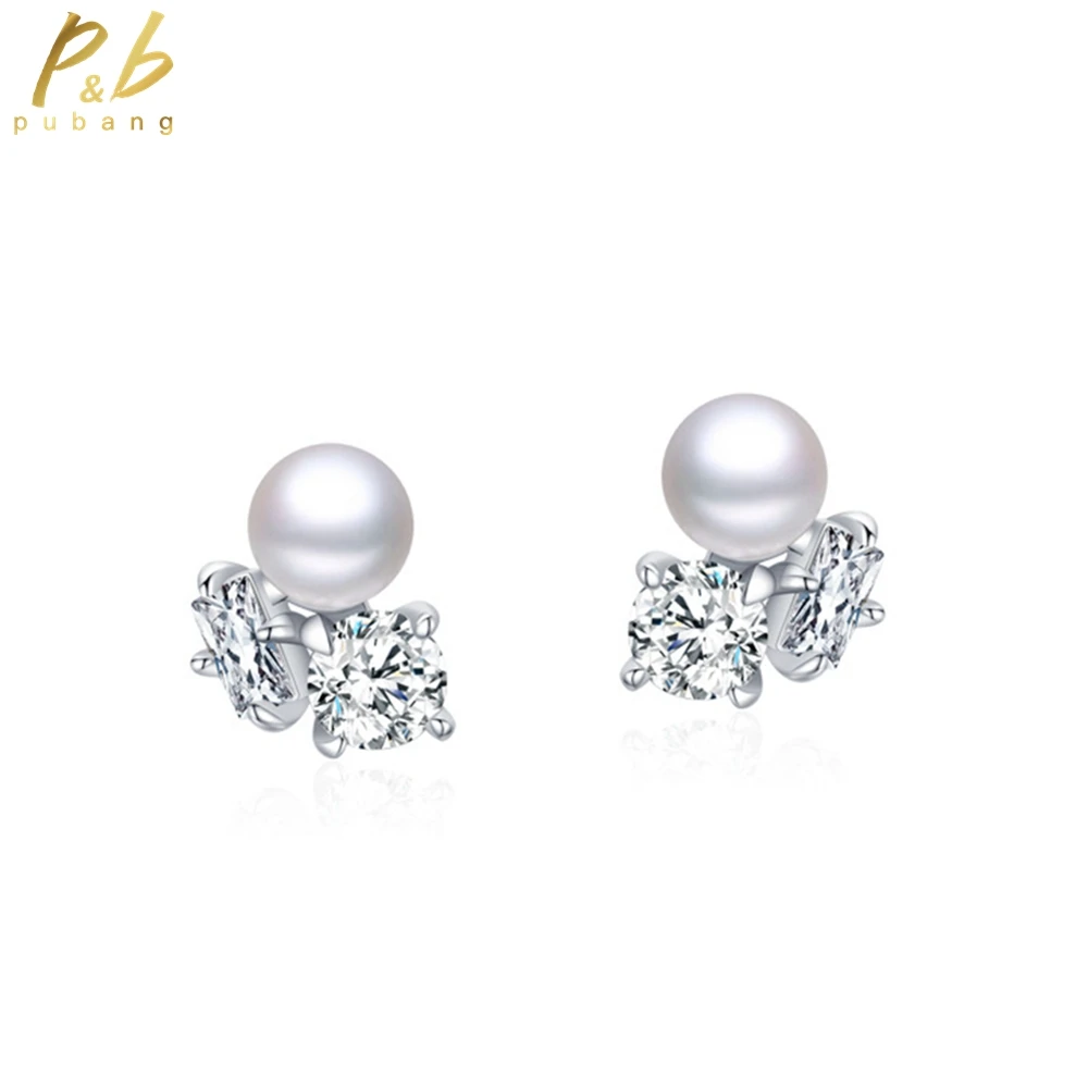 

PuBang Fine Jewelry 925 Sterling Silver VVS Gem High Carbon Diamond Pearl Stud Earrings for Women Anniversary Gift Drop Shipping