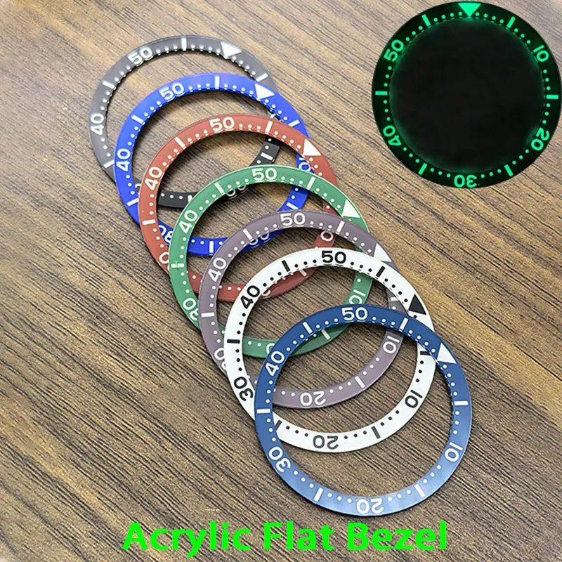 38*31.5MM Flat Acrylic Watch Bezel Green luminous Bezel NH35 Case Bezel Fit SKX007 SKX009 SRPD Case NH35 NH36 Movement Men Watch