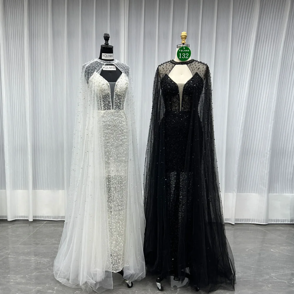 

YQLNNE 0132 Вечерние платья из бисера с черным жемчугом и съемными рукавами-накидкой