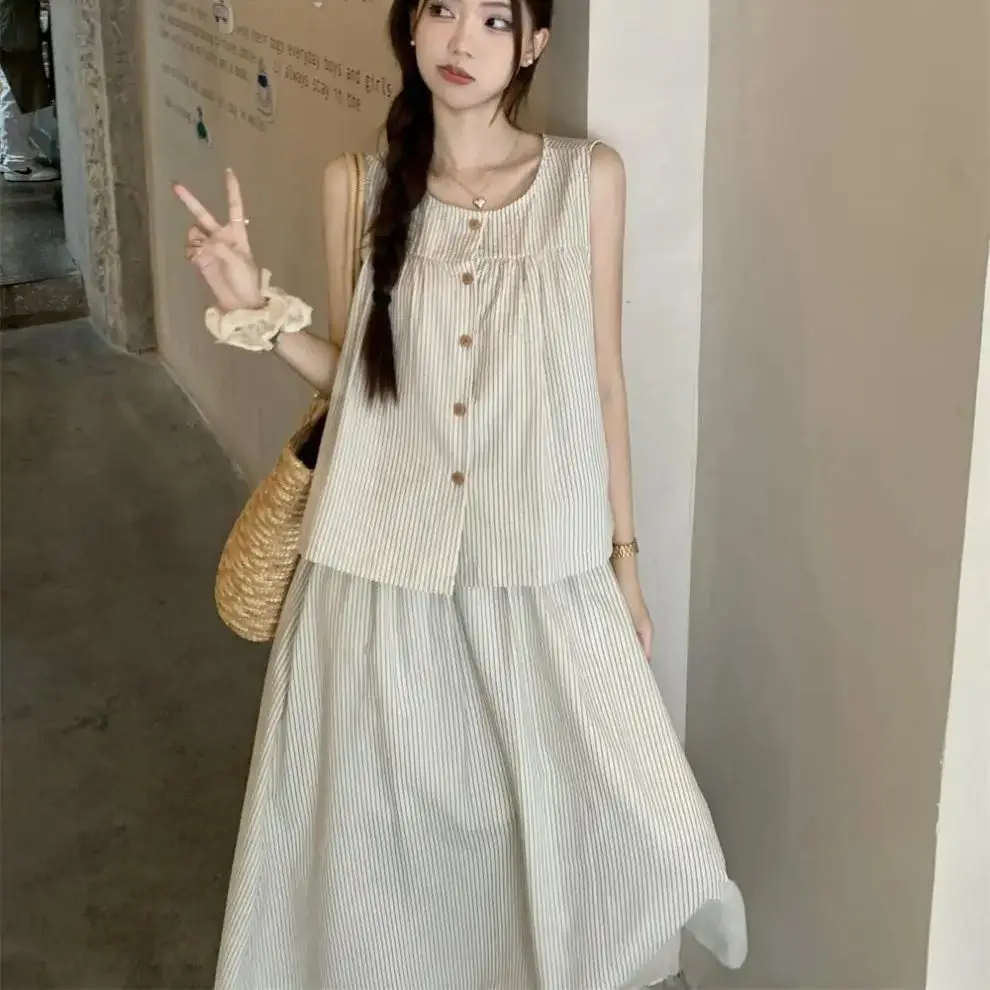 Korean style striped outerwear vest top high waist crotch-covering skirt women‘’s long skirt summer fashion two-piece suit