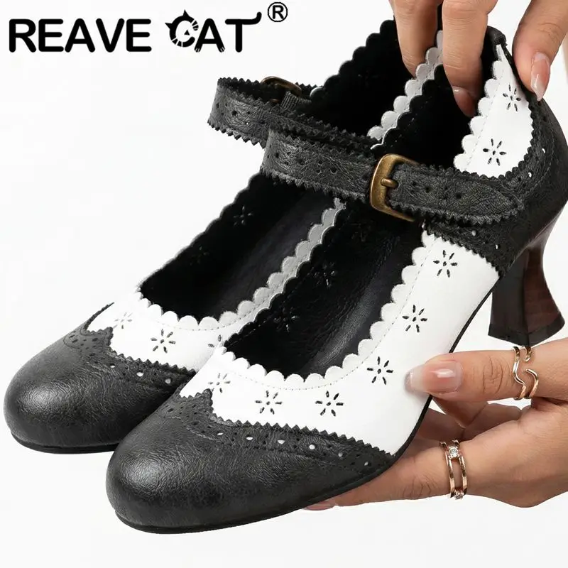 

REAVE CAT Brown Women Mary Janes Pumps Round Toe 6cm Block Heel Buckle Strap Mixed Color Plus Size 47 48 49 50 Sweet Daily Shoes