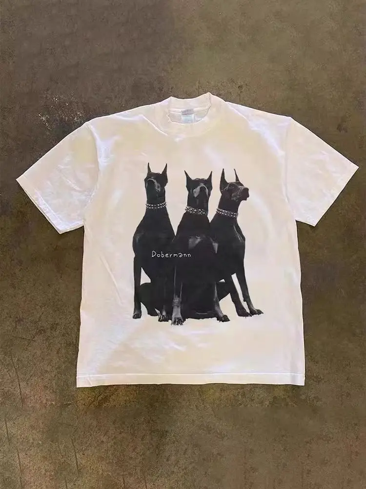 

Anime Doberman Men's T-Shirts Hip Hop Retro American Short Sleeve Tee Tops 2024 Summer Cotton Round Neck Loose Oversized T-Shirt