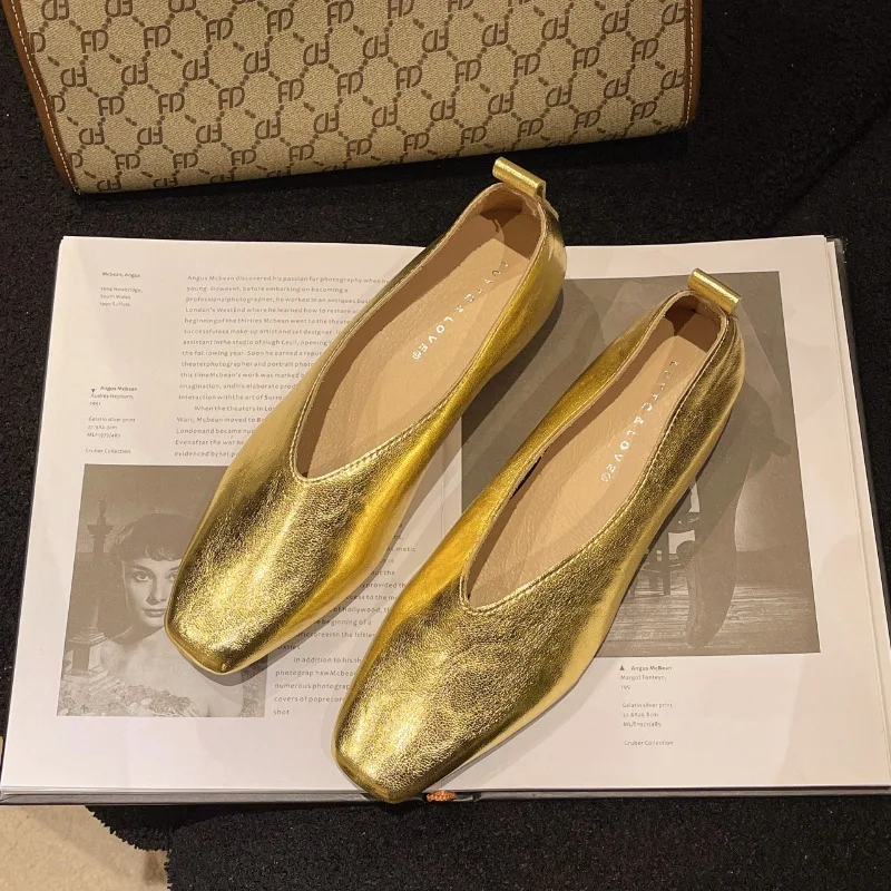 Mocasines de mujer a la moda, zapatos de lujo de cuero genuino, tacones plateados de grado, zapatos de tacón dorados con punta cuadrada, zapatos Mary Jane elegantes para mujer
