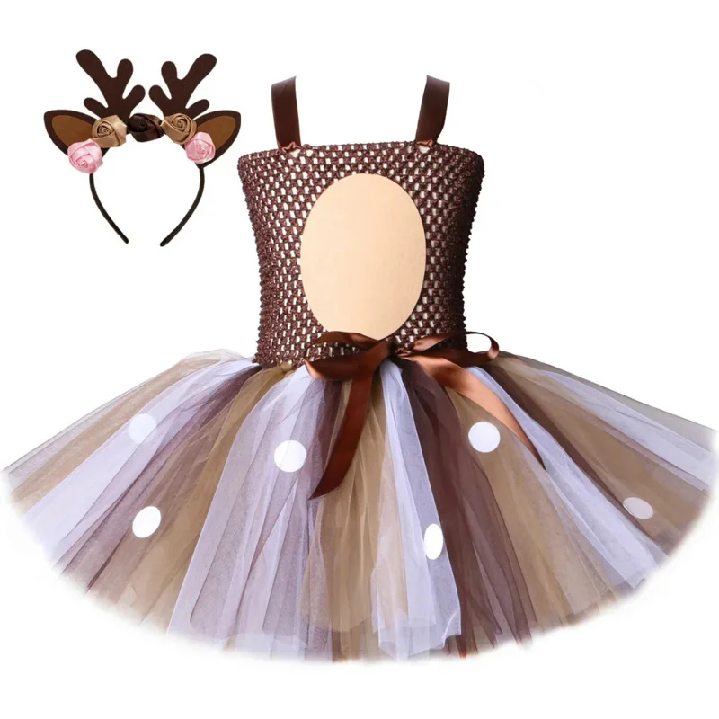 Vestido de tutú de alce de Navidad con diadema, vestido de malla de ciervo de dibujos animados para niña, vestido esponjoso de princesa para niños, Disfraces de Halloween para niños