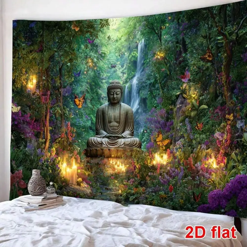 VIKAMA Zen-Wald Buddha-Statue Wandteppich Wasserfall Garten Wanddekoration Wohnzimmer Schlafzimmer Yoga-Raum Wandbehang Heimdekoration