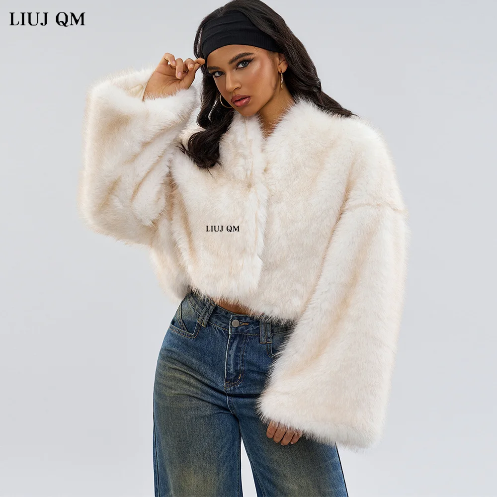 Winter Women Clothing Short Fur Coat Fluffy Faux Fur Jacket Furry Cardigan Luxury Design Warm Outerwear Long Sleeve V-Neck New